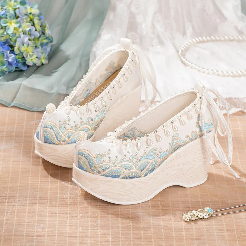 Vintage Embroidery Wave Print Pearl Platform High Heels Shoes