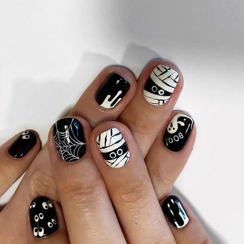 Churchf Churchf Short Square Armor Black And White Bandage Mummy Halloween Element Fake Nail Finished Wear Armor Holiday Nail