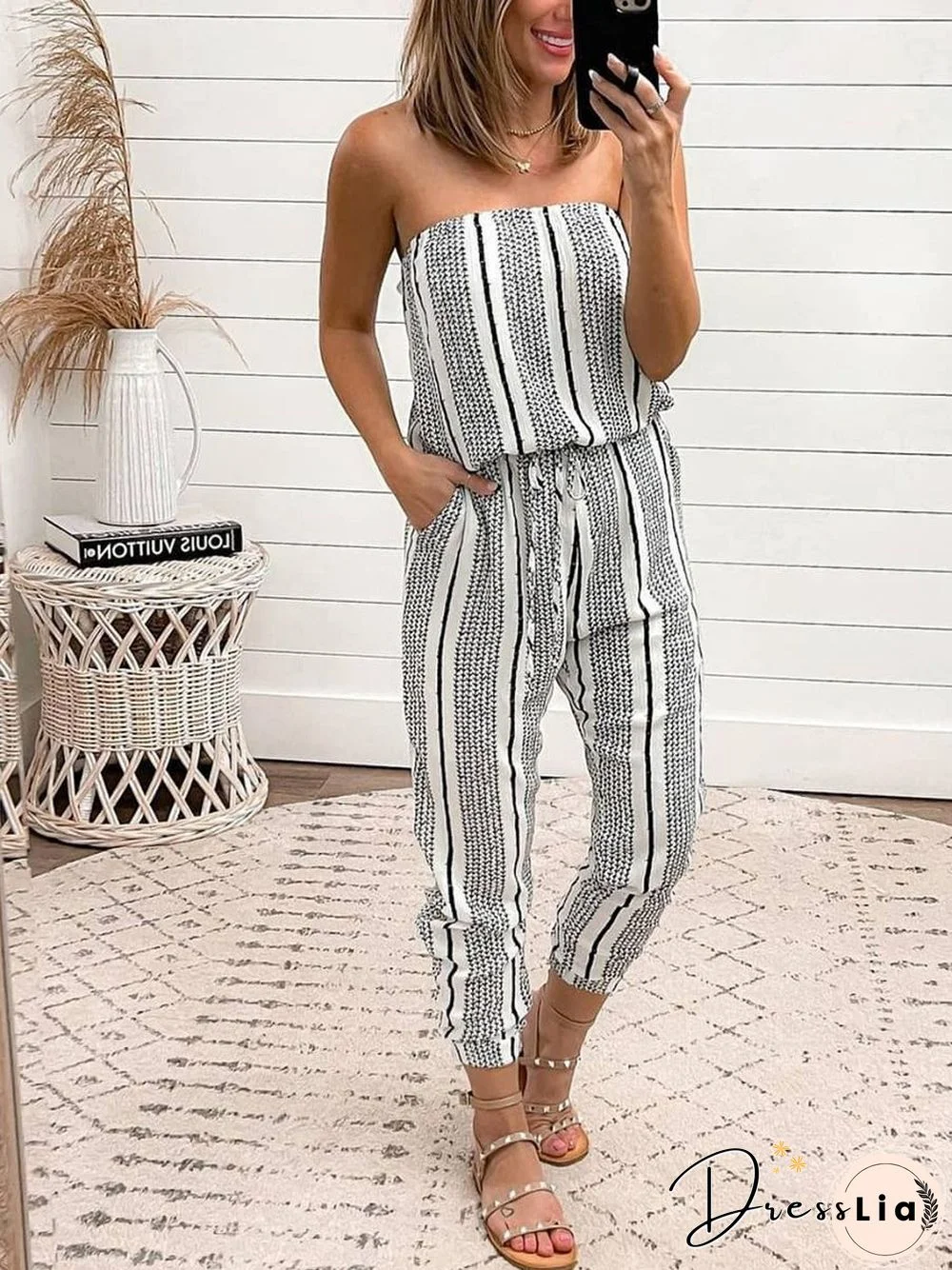 Sexy Striped Bandeau Drawstring Pocket Jumpsuit P14694