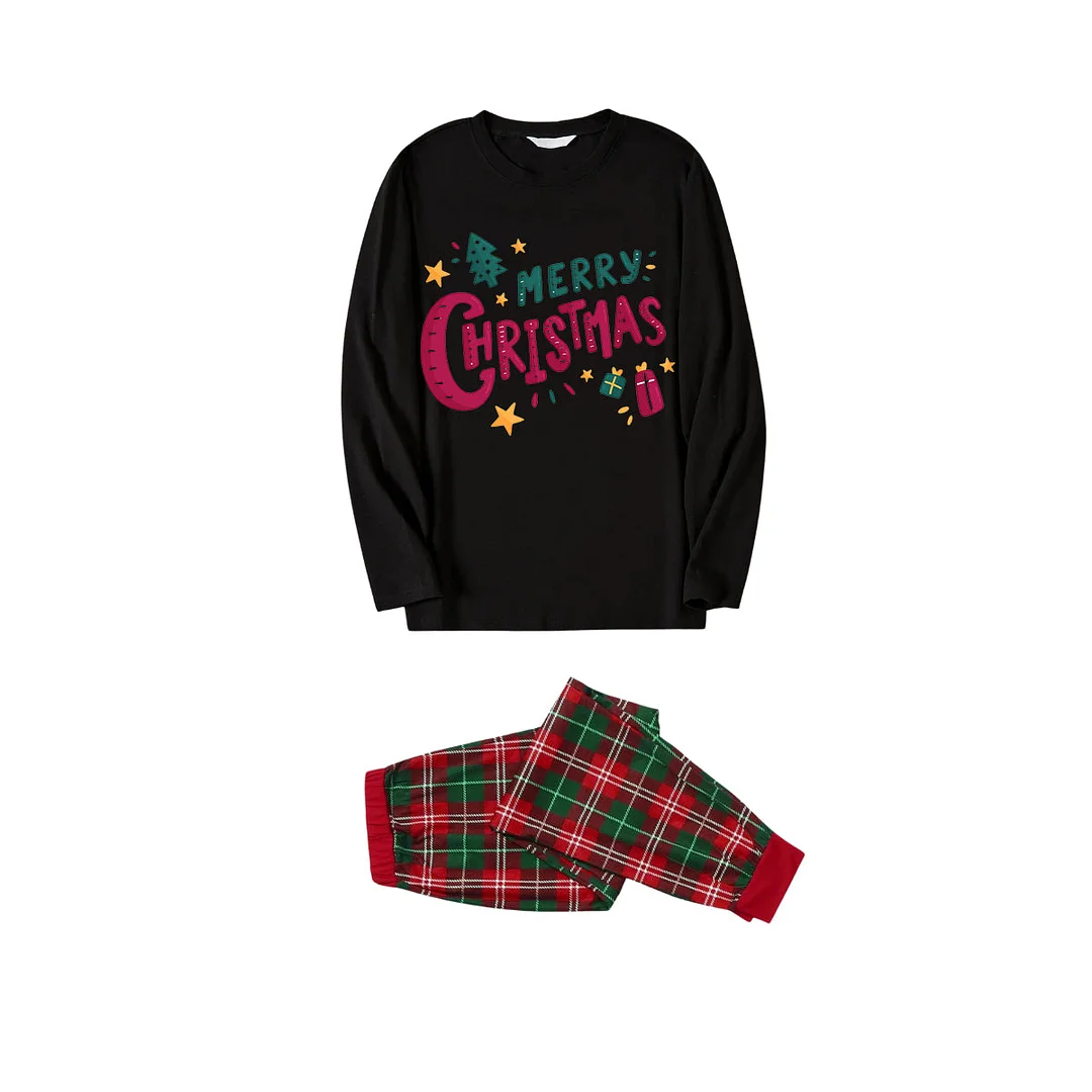 "Merry Christmas" With  Little Decorations - Black Top with Red & Green Plaid Pants Family Matching Pajama