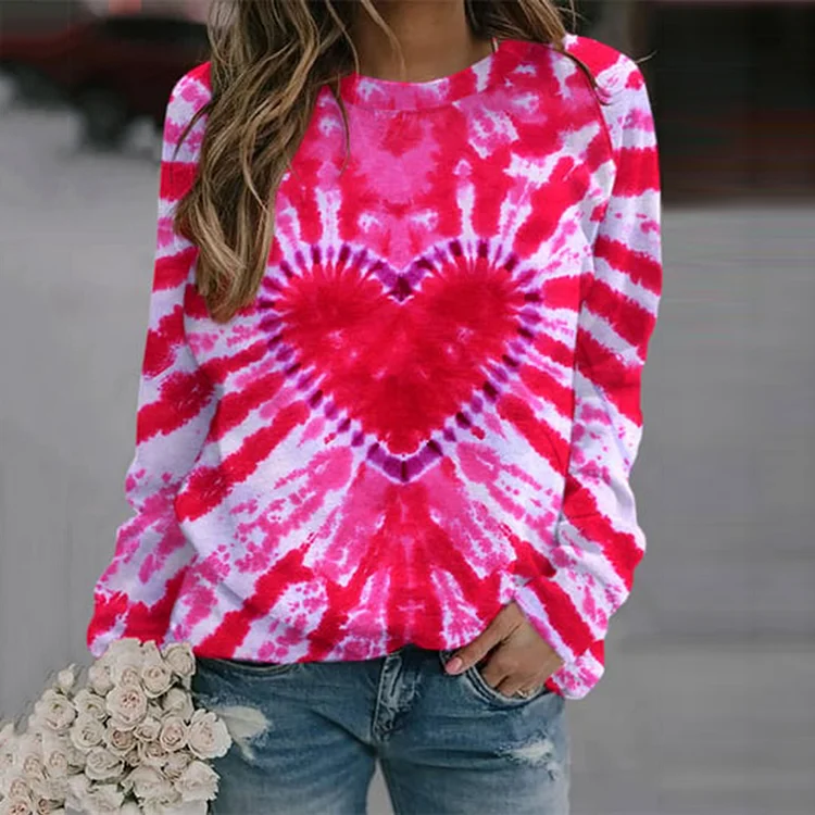 Comstylish Valentine's Day Heart Tie-dyed Printed Long Sleeve Sweatshirt
