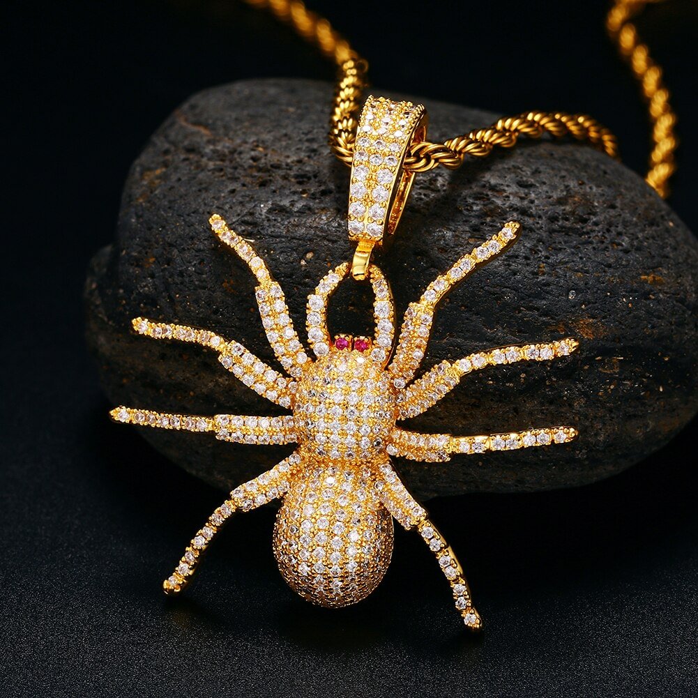 Iced Out Spider Pendant Necklace Bling Charm Chains-VESSFUL