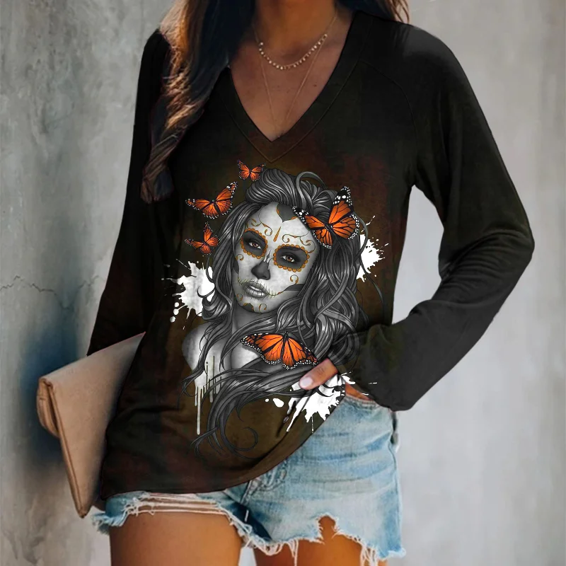 Day Of The Dead Print Long Sleeve Casual T-Shirt