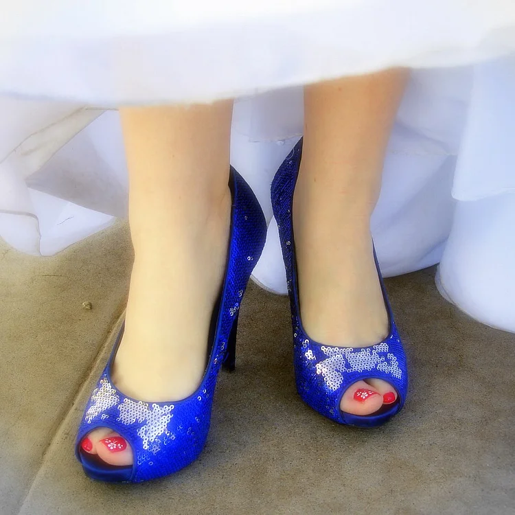Women's Blue  Bridal shoes Peep toe Sequined Stiletto Heel Pumps |FSJ Shoes