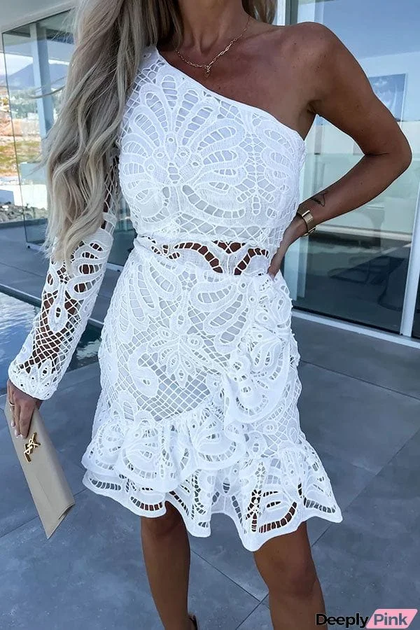 City Romance Crochet Lace One Shoulder Mini Dress