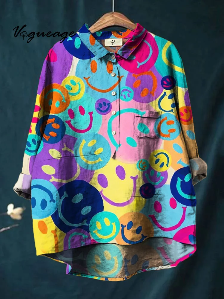 Funny Colorful Smiley Face Emoticons Printed Cotton And Linen Shirt