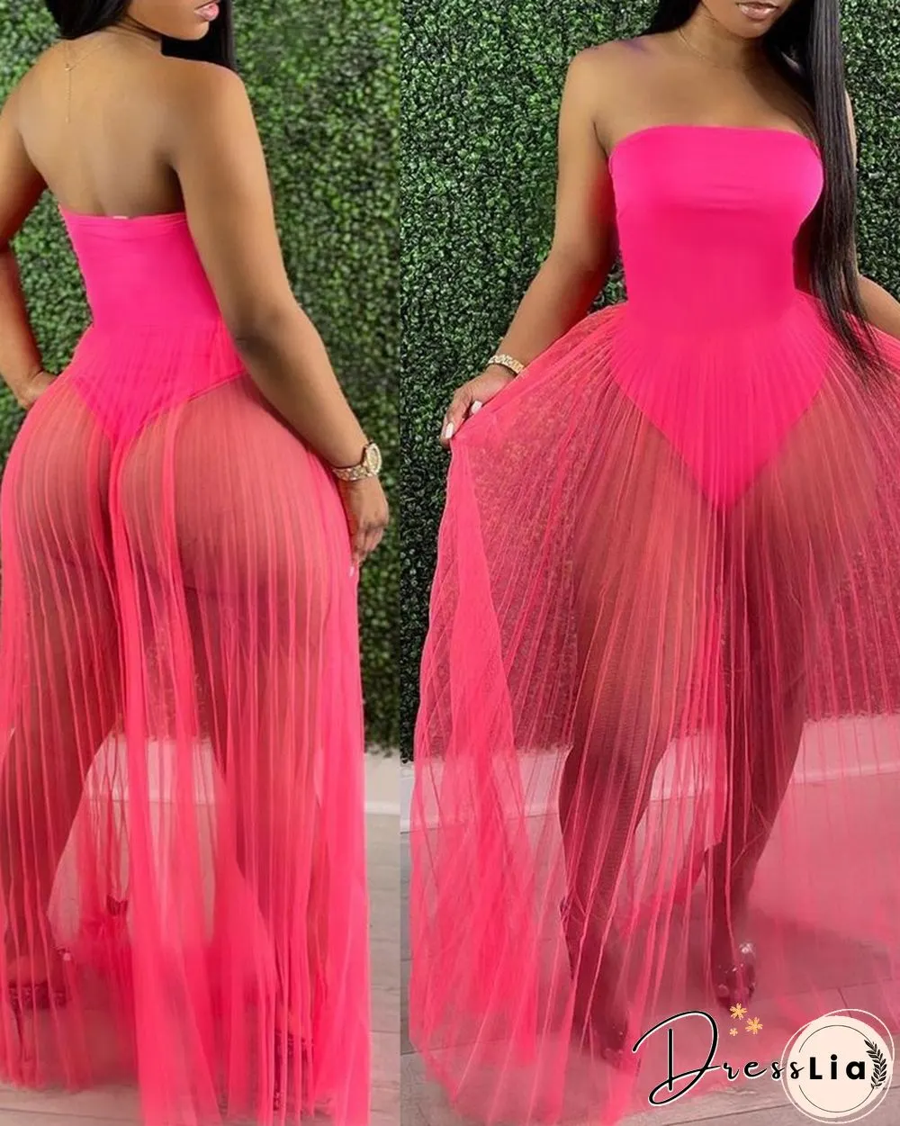 Off Shoulder Sleeveless Plain Sheer Mesh Dress