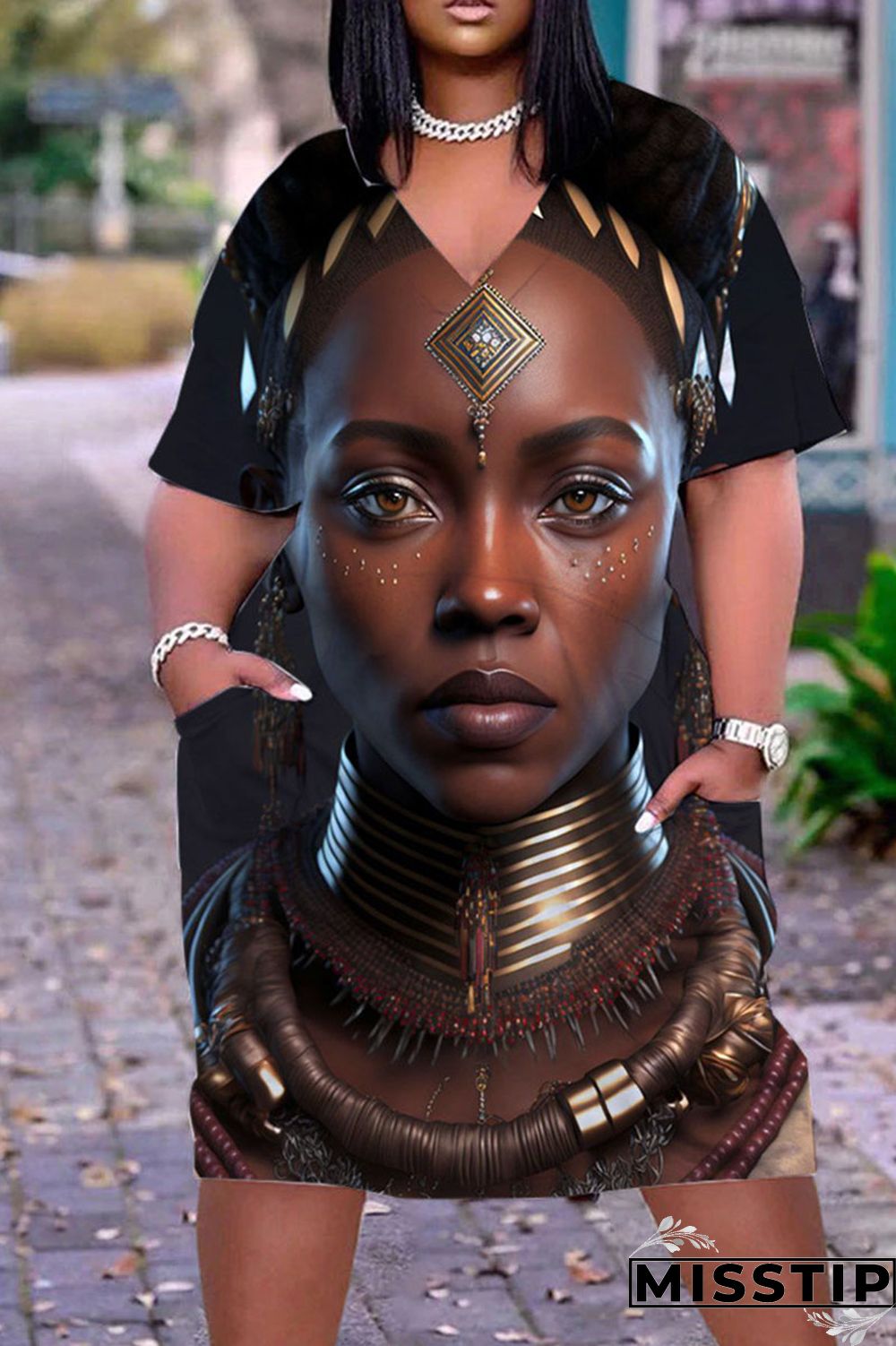 Olive Green Casual Print Patchwork V Neck Straight Dresses