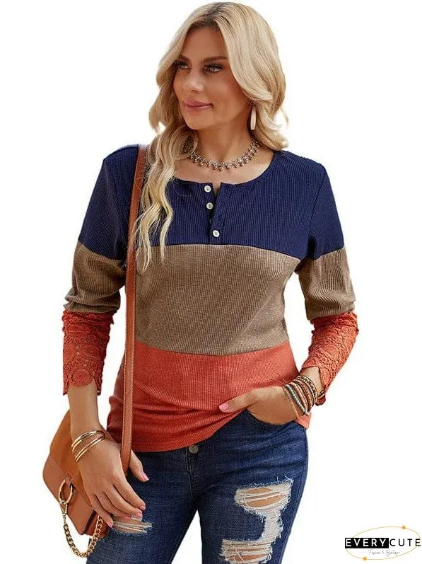 Casual Stylish Boat Neck Color Block Long Sleeve Sweater
