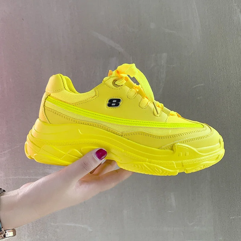 Soft Casual Thick Sneaker Platform Summer Breathable Mesh Women's Shoes Flat Casual Yellow Sports Shoes Female Orange 2020