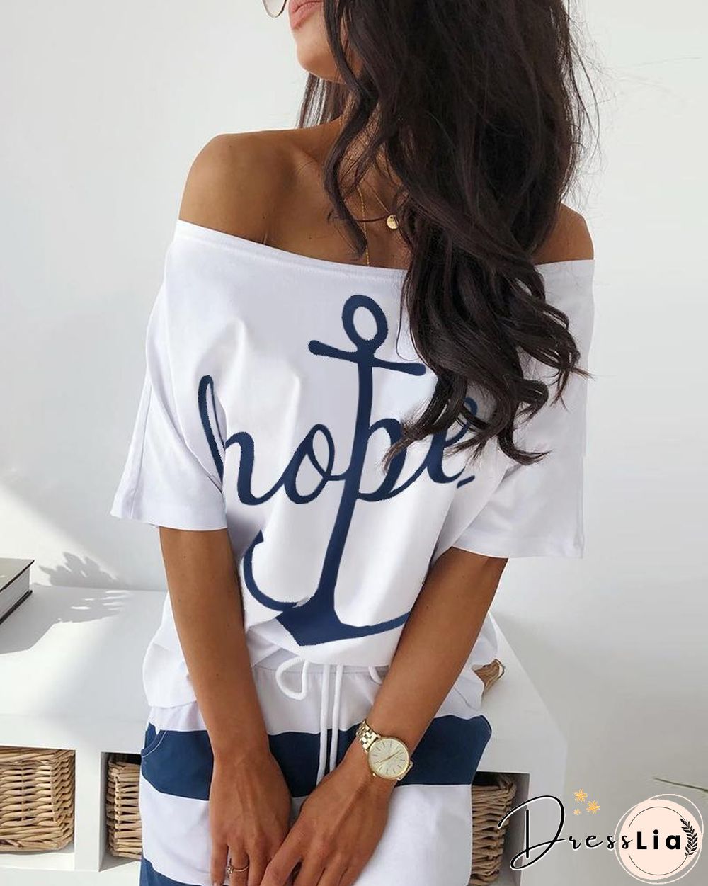 Boat Anchor Print Top & Striped Skirt Sets