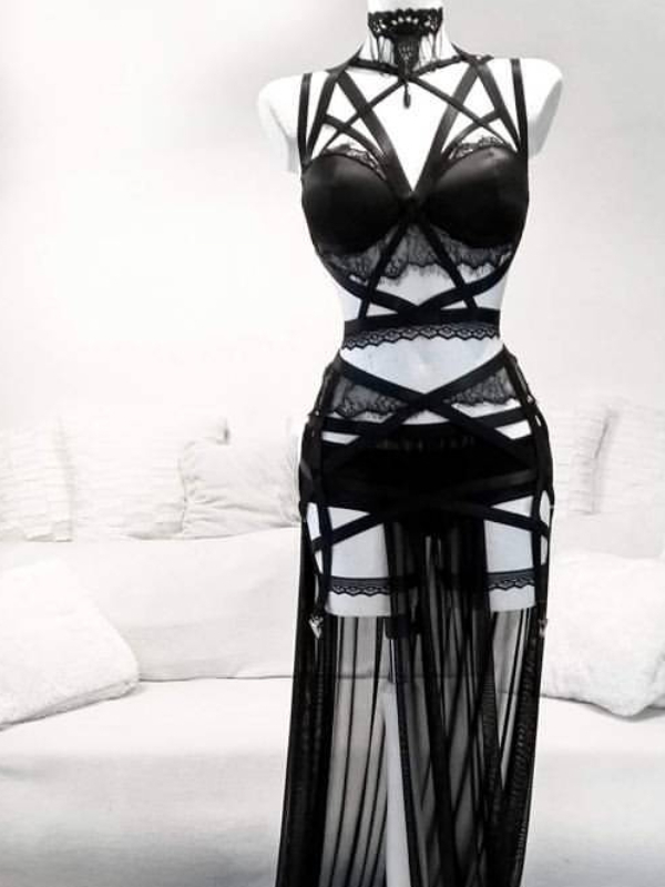 Gothic Bandaged Lace Cutout High Slit Sets