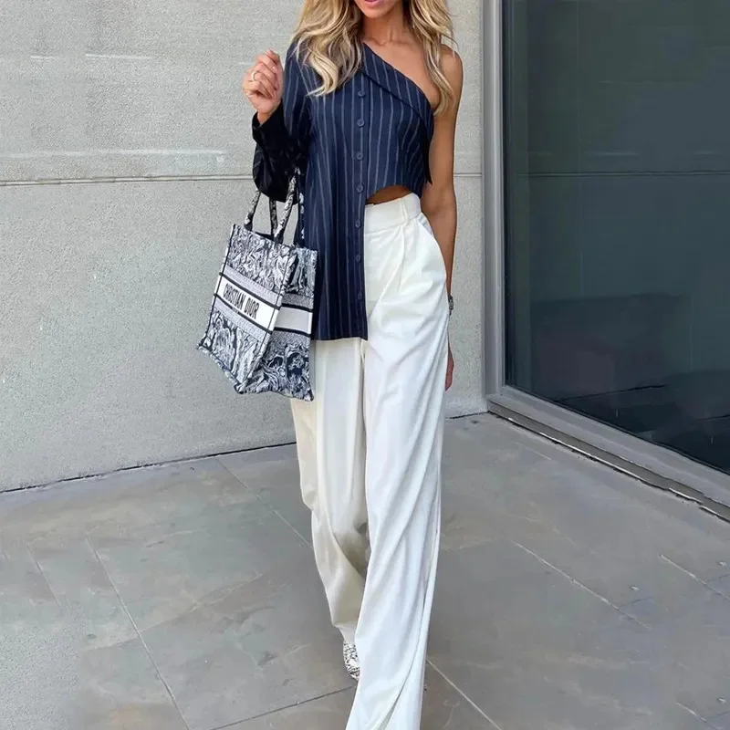 Toloer Toloer 2023 New Fashion Niche Design Sense Oblique Shoulder Irregular Top Wide Leg Pants Suit Women-Outfit Ideas
