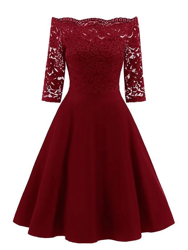 Women's Swing Dress Knee Length Dress 3/4 Length Sleeve Solid Color Lace Patchwork Fall Spring Elegant Sexy Wine Dusty Blue S M L XL XXL