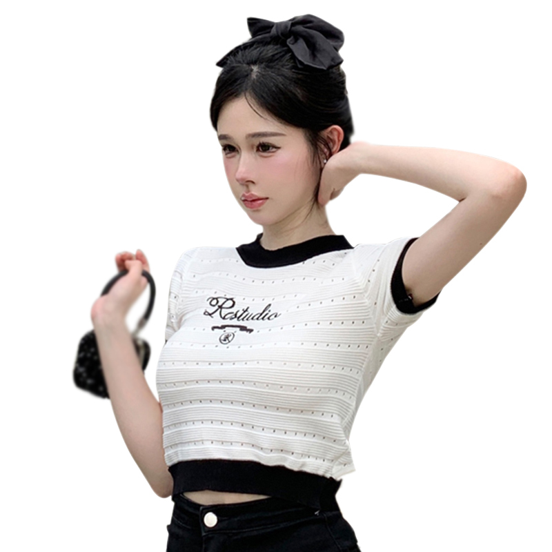 Women's Round Neck Letter Printed Clash Color Hollow Out Top Summer Slim Knit Short Sleeve Top