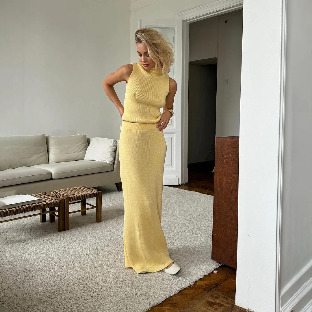 Athvotar Athvotar Women's Dress New Sleeveless High-Collar Knitted Vest Hip Dress Fashion Suit Woman