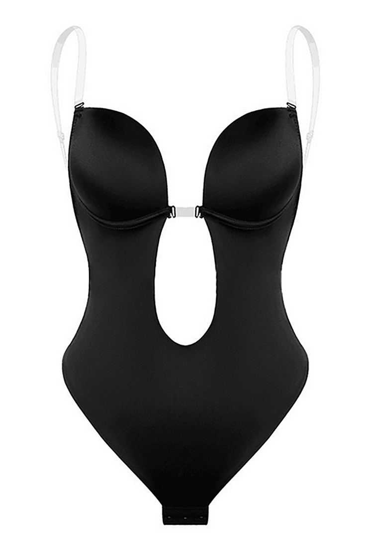 Solid Color Irregular Neck Cutout Open Back Underwear Bodysuit-Black