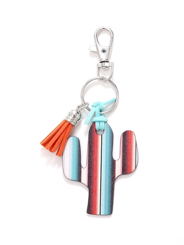 Classic Style Commute Cactus Printing Wood Bag Pendant Keychain