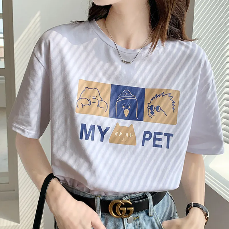 Cartoon Letter Print Round Collar Loose T-Shirt