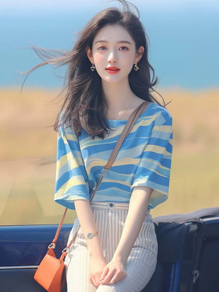 Athvotar Athvotar Korean Chic Oceanous Special To Beautiful Blouse Loose And Thin Blue Striped T-Shirts