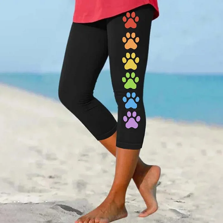 Colorful Dog Paw Print Casual Leggings