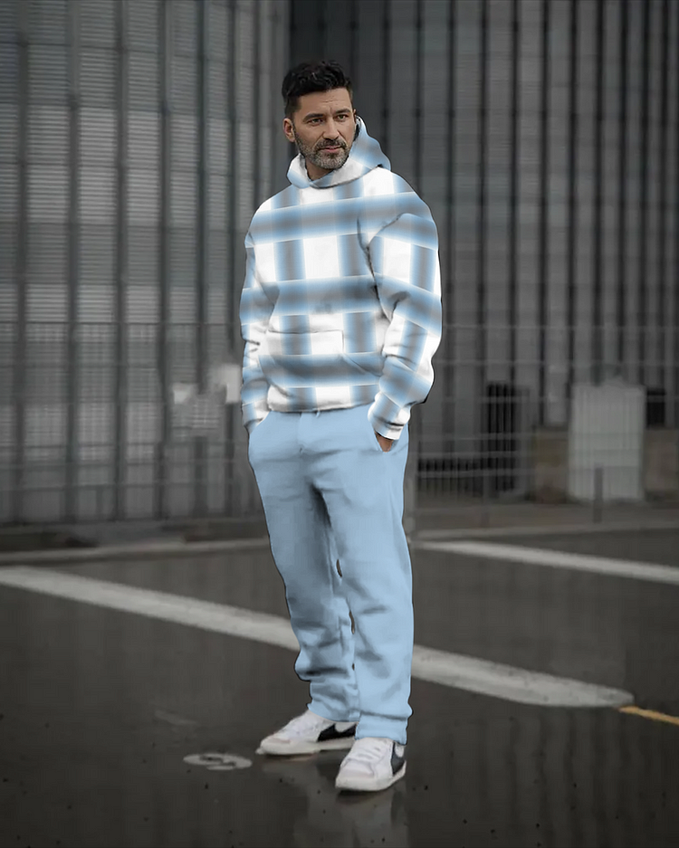 Men's Colorblock Check Print Hoodie Set 136