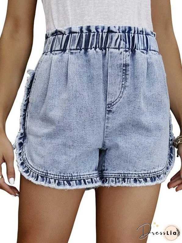 Women'S High Waist Denim Shorts With Elastic Waistband And Fringed Details