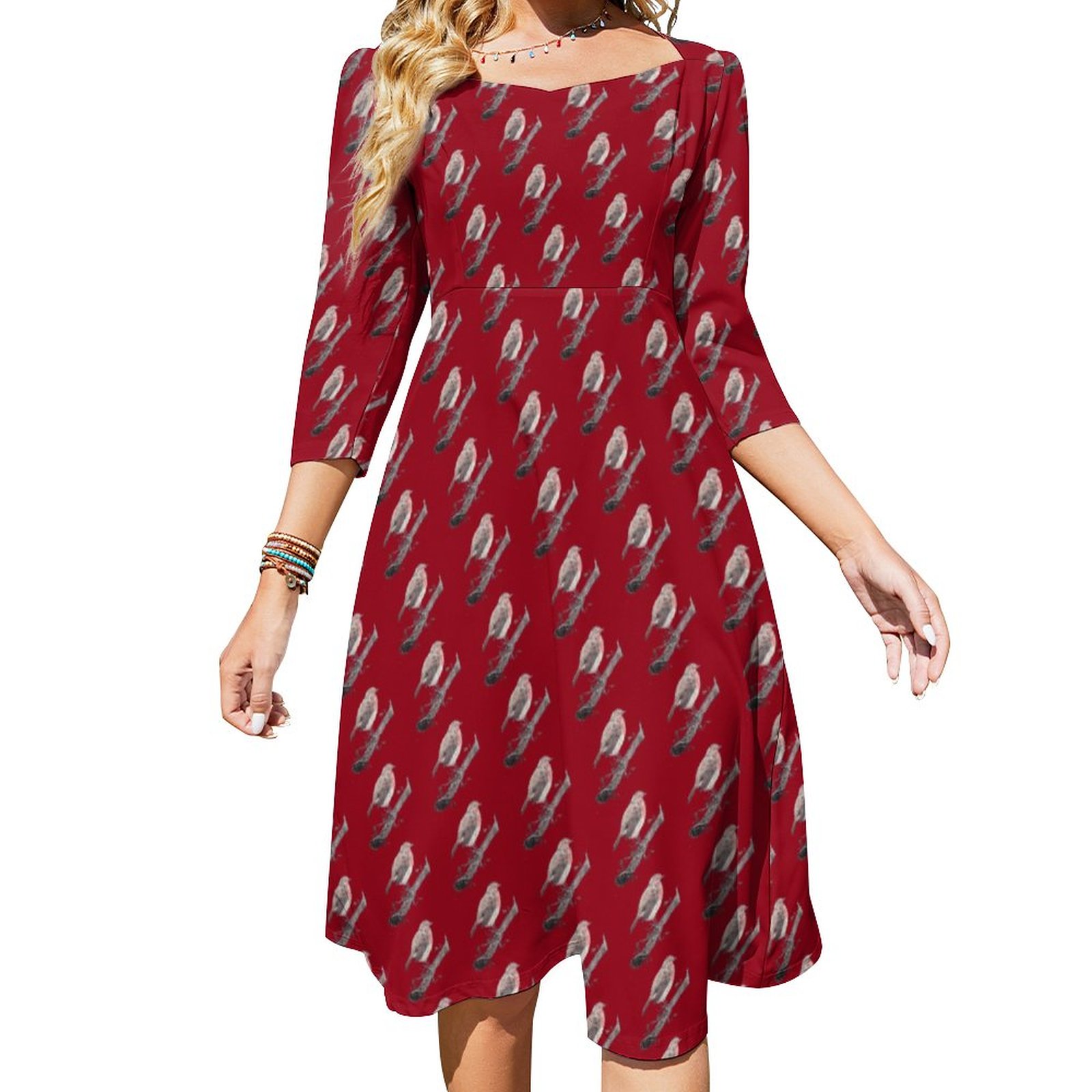 Red With Ivy Leafs And Cute Robins For Christmas Dress Sweetheart Tie Back Flared 3/4 Sleeve Midi Dresses