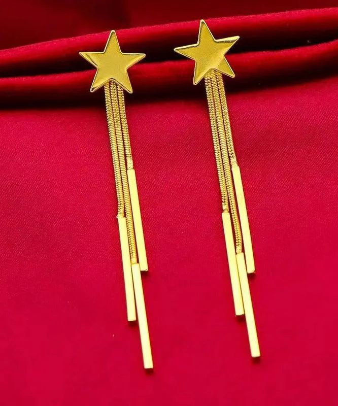 Skinny Gold Sterling Silver Overgild Star Tassel Drop Earrings