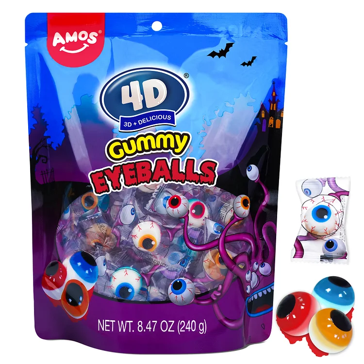 AMOS 4D Halloween Gummy Eyeballs for Party 3D Shaped Halloween Candy Eyeball (40 Count)