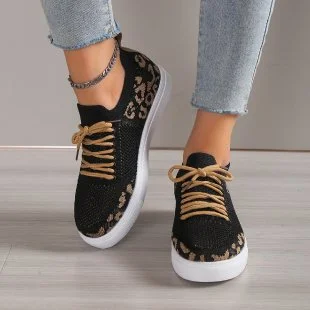 Yyvonne Women 2025 New Leopard Round Head With Flat-Soled Mesh Casual Sports Women's Single Shoes