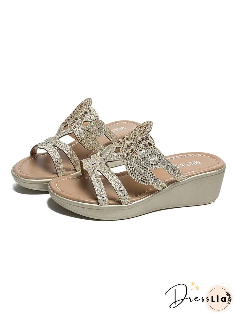 Rhinestone Floral Leaf Cutout Glitter Wedge Slippers