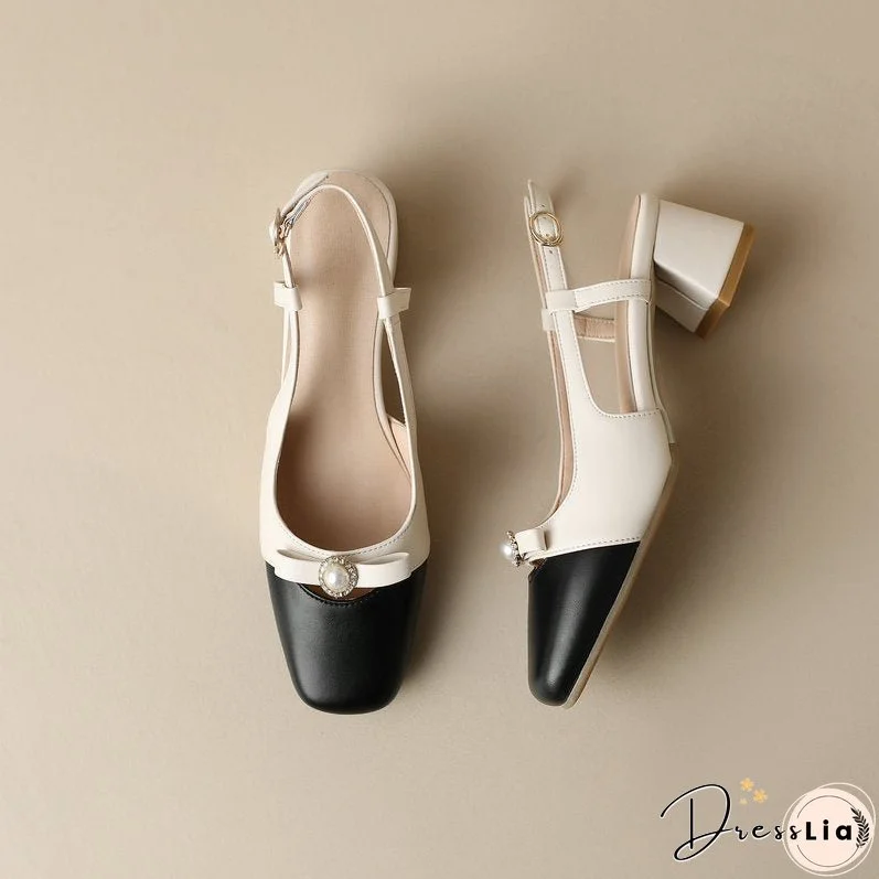 Joskka Closed Toe Vintage Lady Summer Shoes Mixed Color Pearl Design Slingbacks Square Chunky Med Heels Sandals Women Hoco Shoes