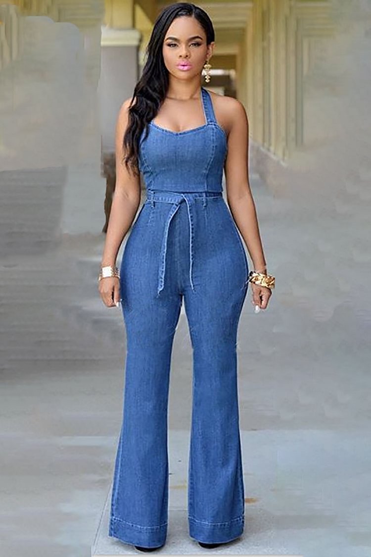 Tied Halter Sleeveless Denim Belted Casual Flared Jumpsuit
