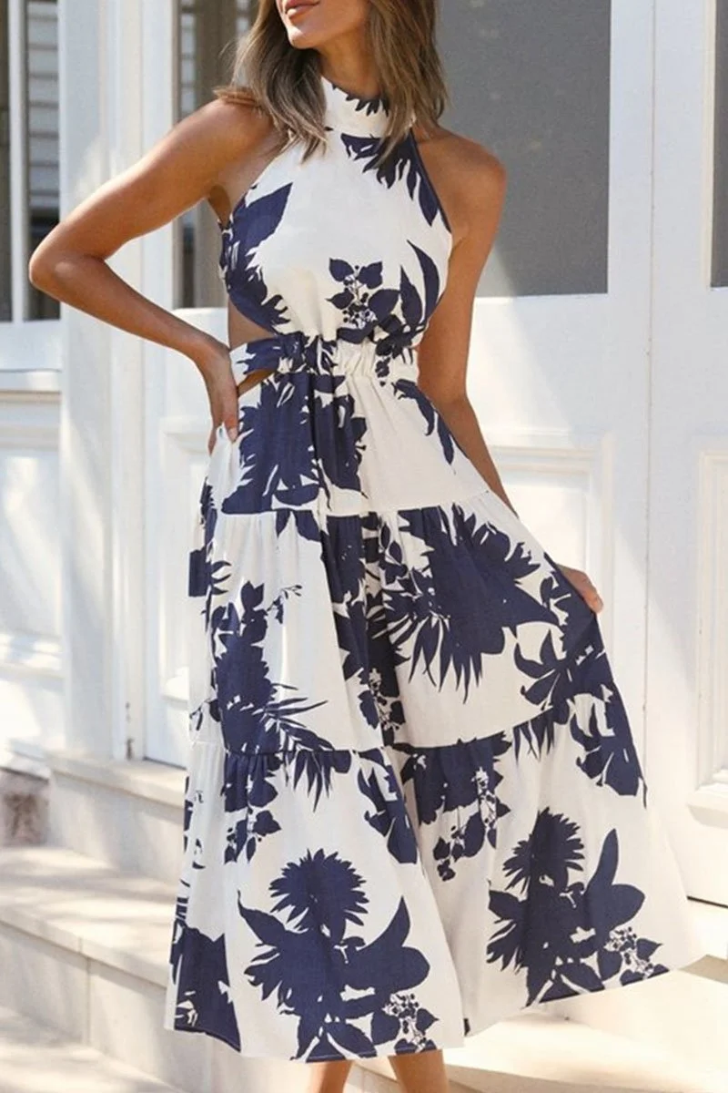 Fashion Street Print Backless Mandarin Collar A Line Dresses