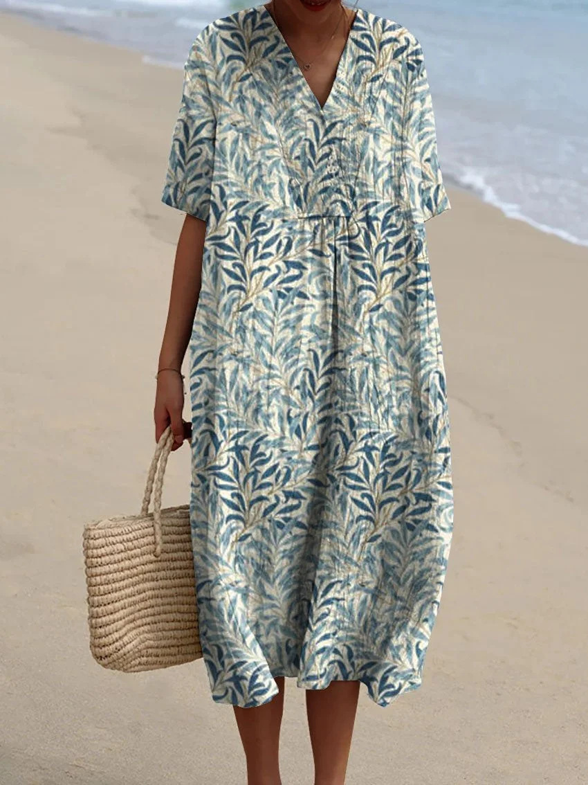 Mature Women Summer Beach Loose Print A-Line Dress