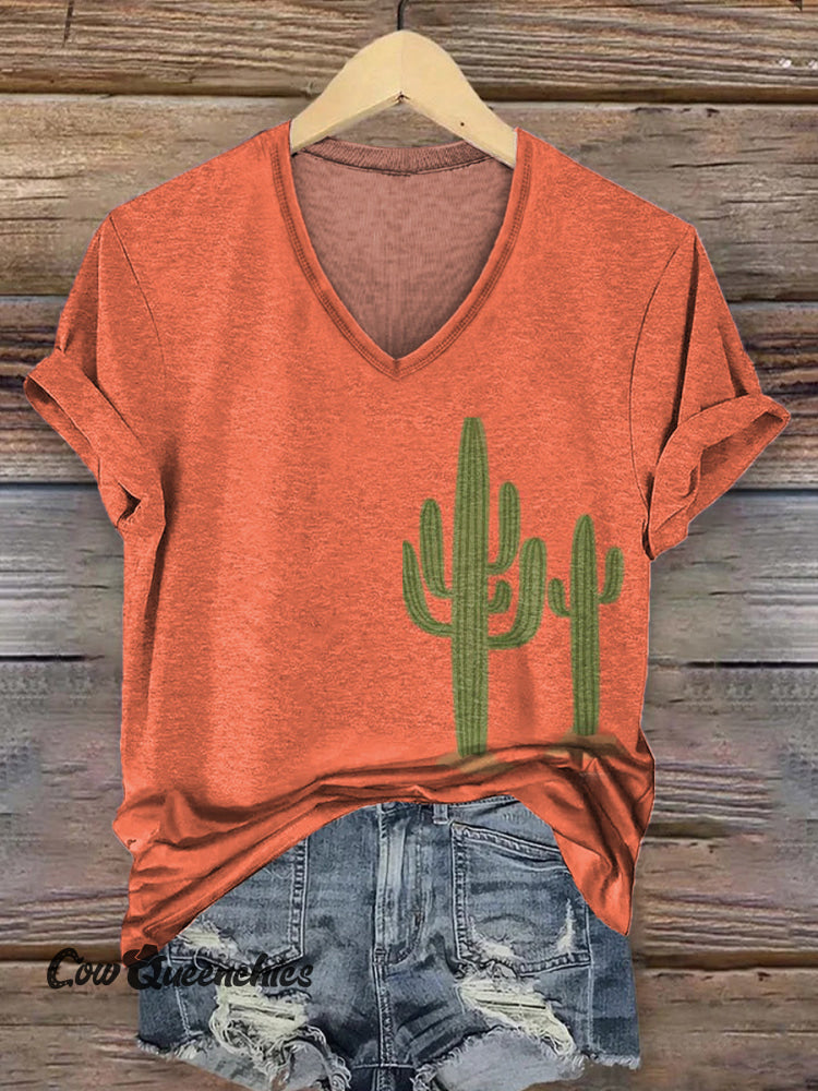 Classic Cactus Print Casual V-Neck T-Shirt Multicolor / S