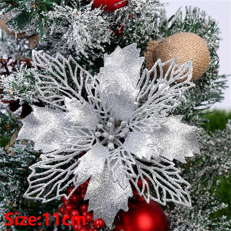 Cifeeo  Glitter Fake Flowers Artificial Flowers Christmas Tree Ornament Navidad 2023 1/3pcs Christmas Decoration for Home New Year Gifts