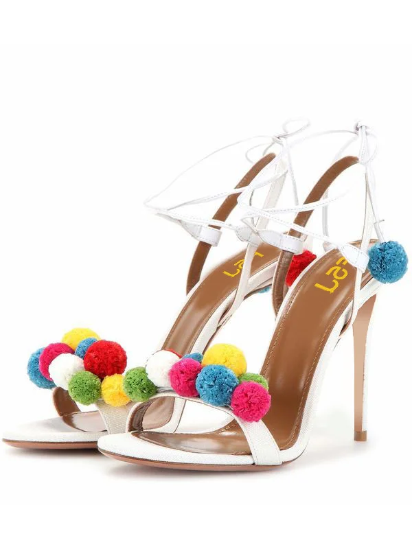 White Pom Pom Shoes Strappy Stiletto Heel Sandals for Wedding |FSJ Shoes