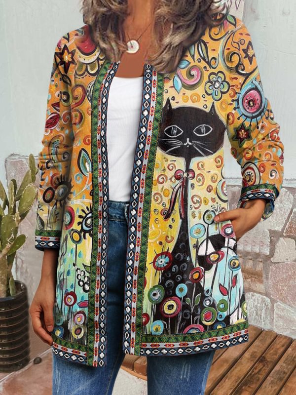 Retro Floral Cat Print Cardigan Jacket Coat