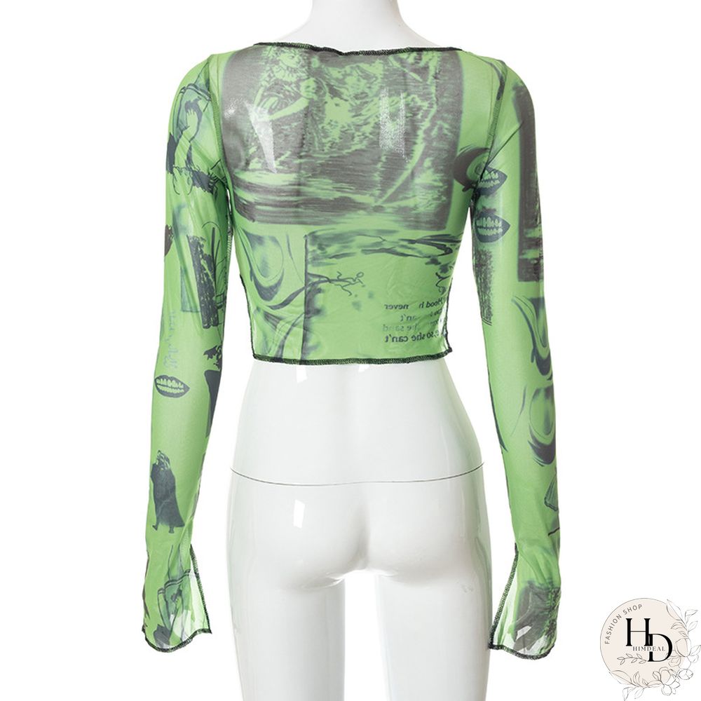 Sexy see through crop top vintage graphic print green mesh sheer t-shirt long flare sleeve