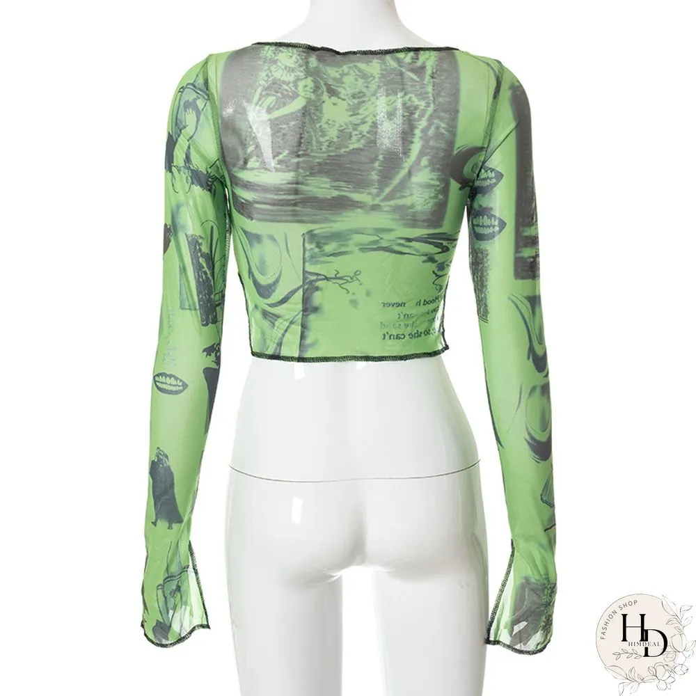 Sexy see through crop top vintage graphic print green mesh sheer t-shirt long flare sleeve