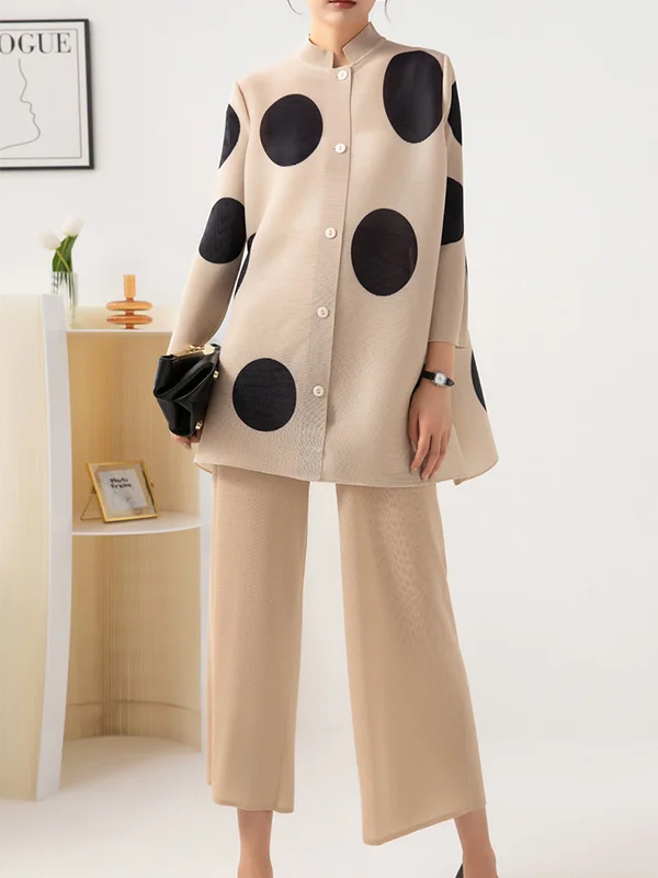 Long Sleeves Loose Pleated Polka Dot Stand Collar Two Pieces Set