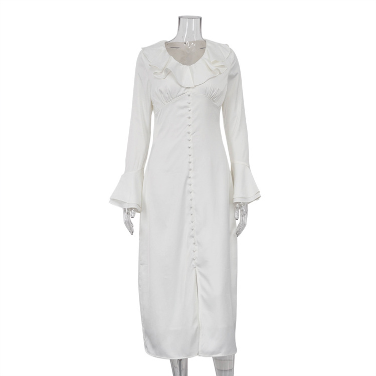 Ootddress Ruffled Elegant For Women Long Dress Fashion V-Neck Patchwork Long Sleeve Slim Party Dress Gown White Spring Maxi Dress
