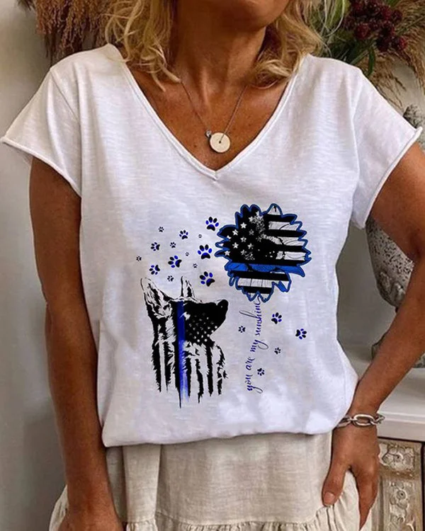 Floral V Neck Cotton Blends Letter Short Sleeve Top