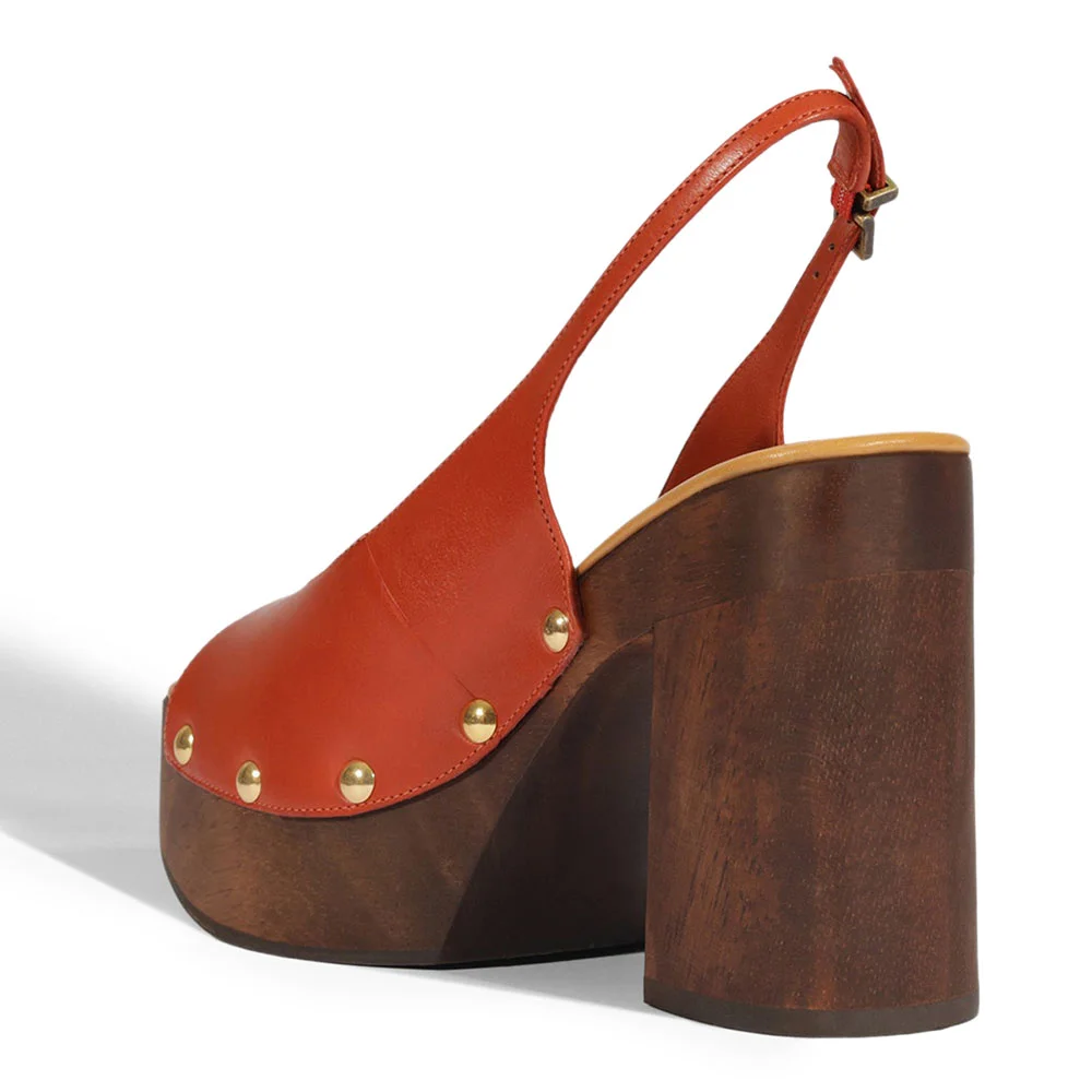 Orange Open-Toe Slingback Platform Block Heel Sandals with Studs