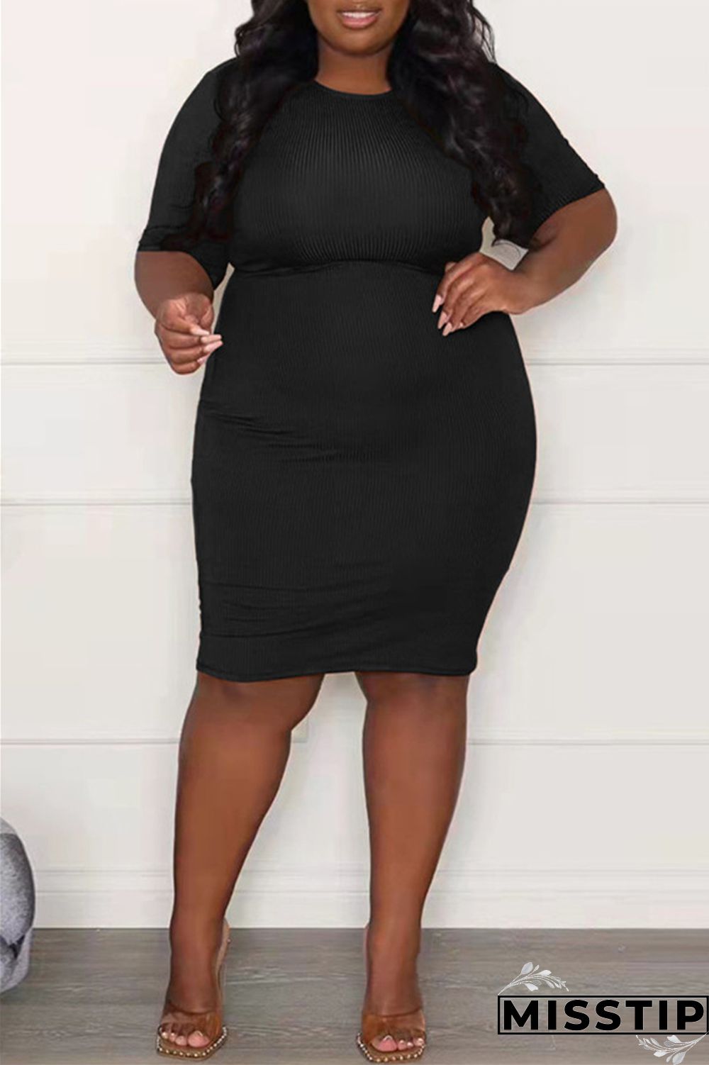 Black Fashion Casual Plus Size Solid Basic O Neck Short Sleeve Dress