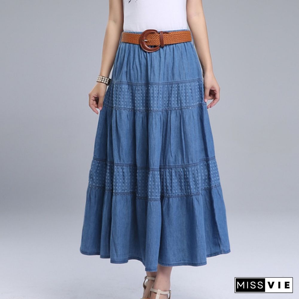 Women Summer Denim Skirts High Waist Plus Size Long Skirt Vintage Solid Color A-Line Jean Skirt With Belt Spring