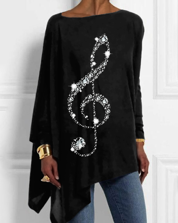 Silver Music Symbols Art Painting Off-shoulder Irregular Top