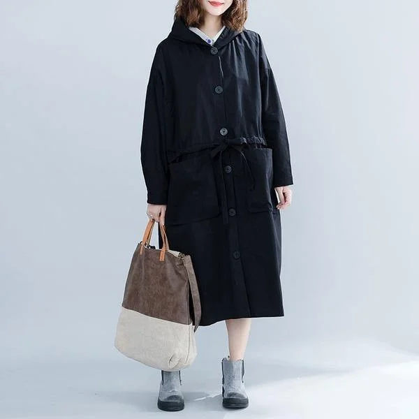 Black Casual Trench For Women Bandage Coats Hooded Button Pockets Loose Women Cloths